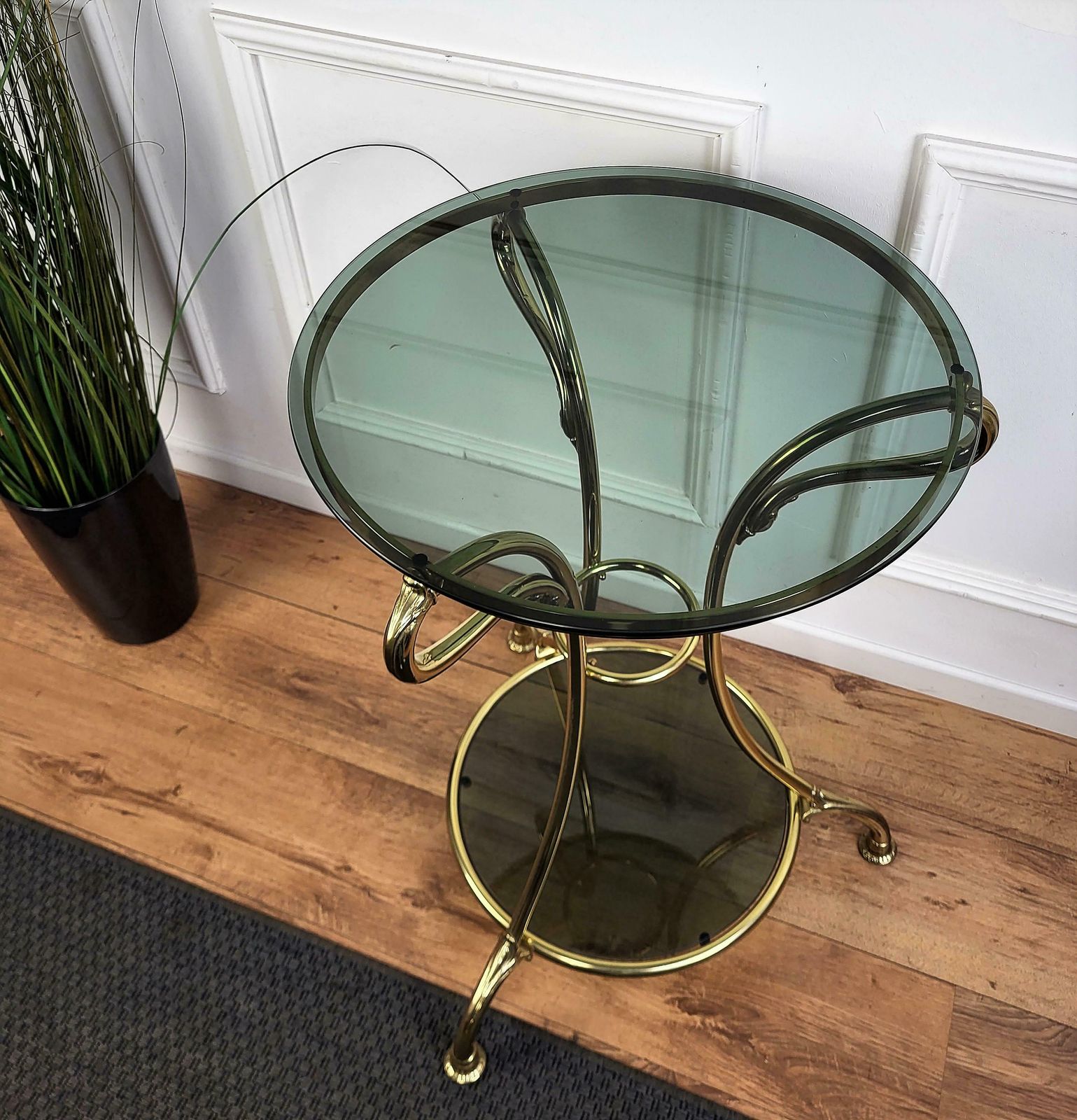 1960s Italian Modern Regency Neoclassical Brass Smoked Glass Gueridon Side Table photo Furniture