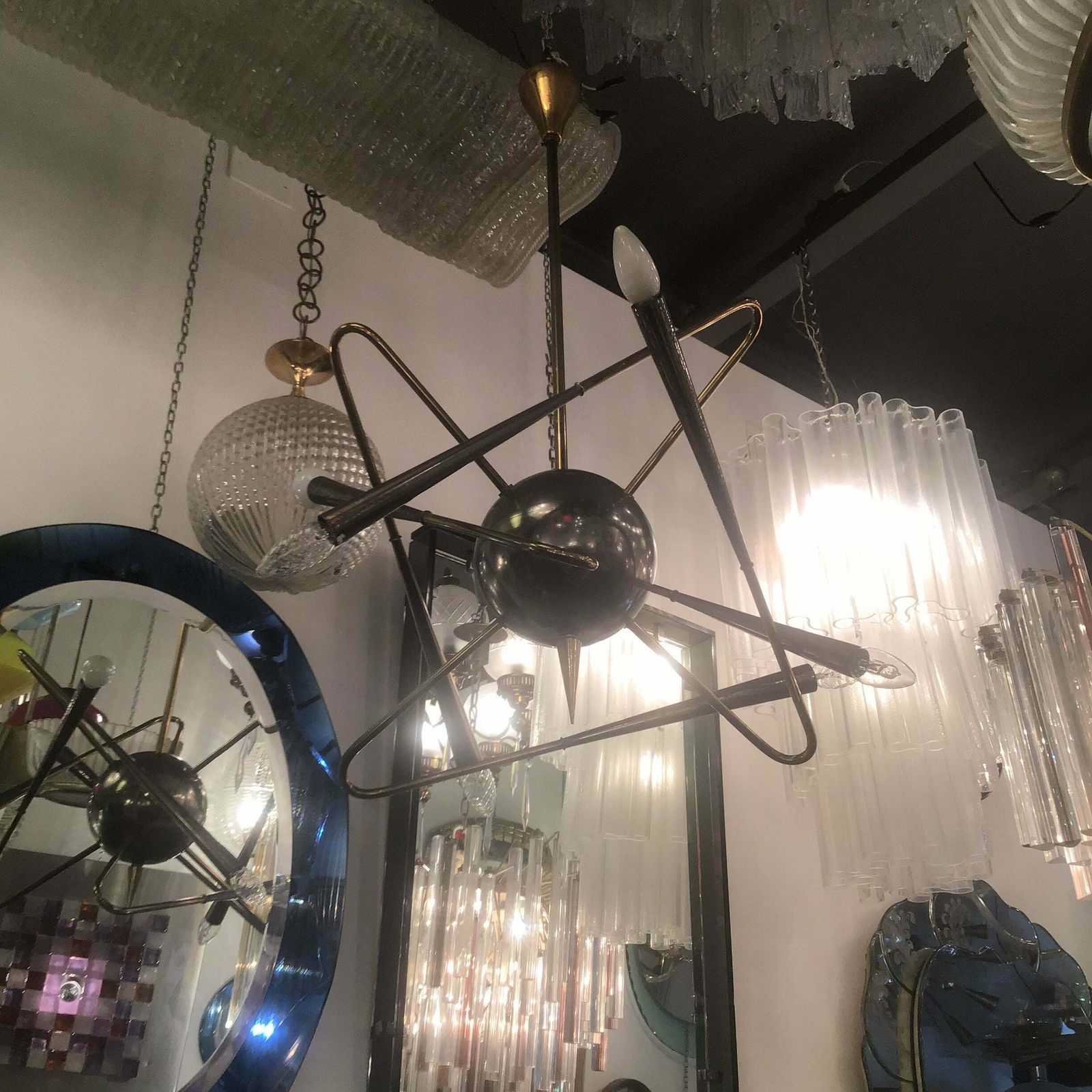 Stilnovo “ Cosmo “ Chandelier Metal Crome Brass 1950 Italy photo furniture