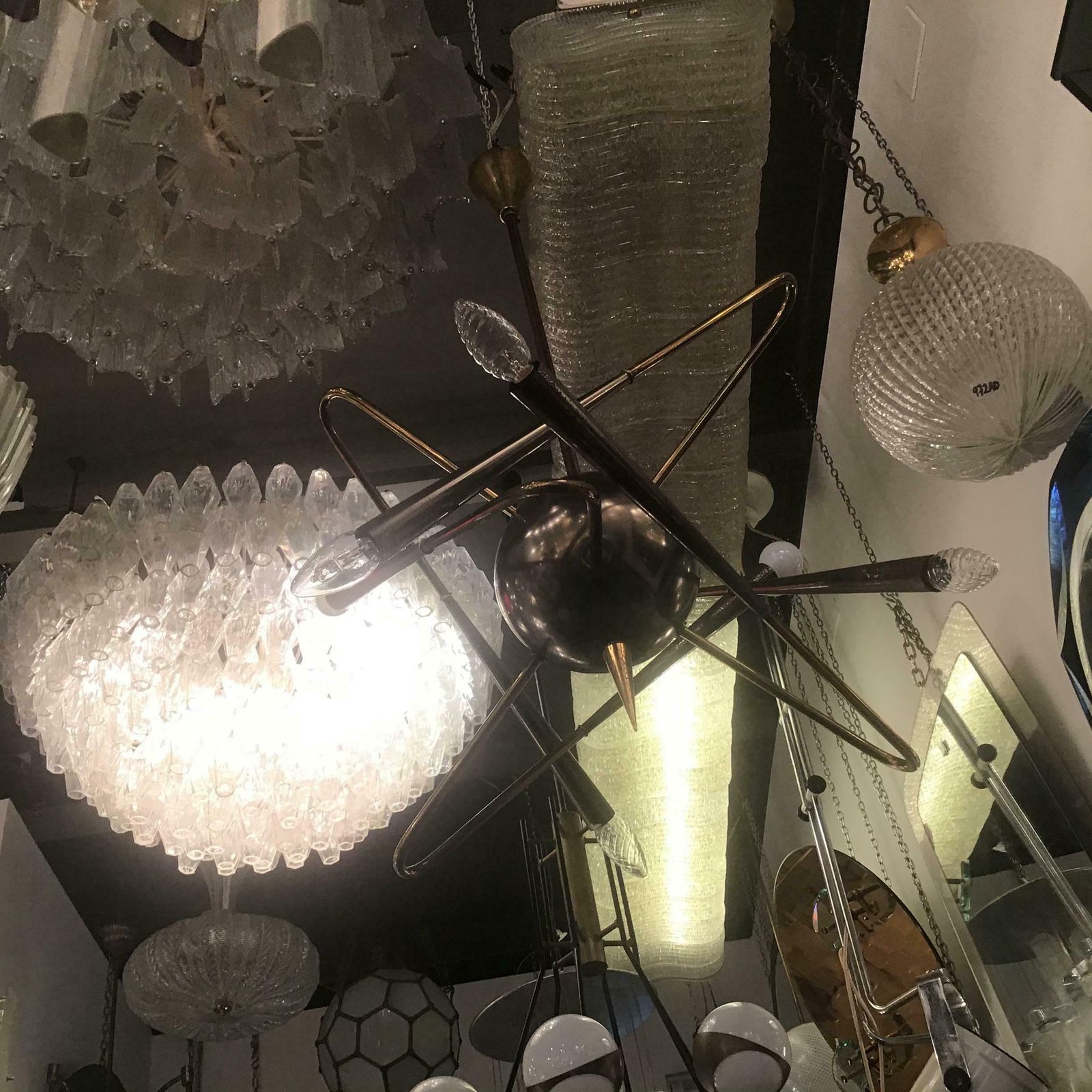 Stilnovo “ Cosmo “ Chandelier Metal Crome Brass 1950 Italy photo vintage