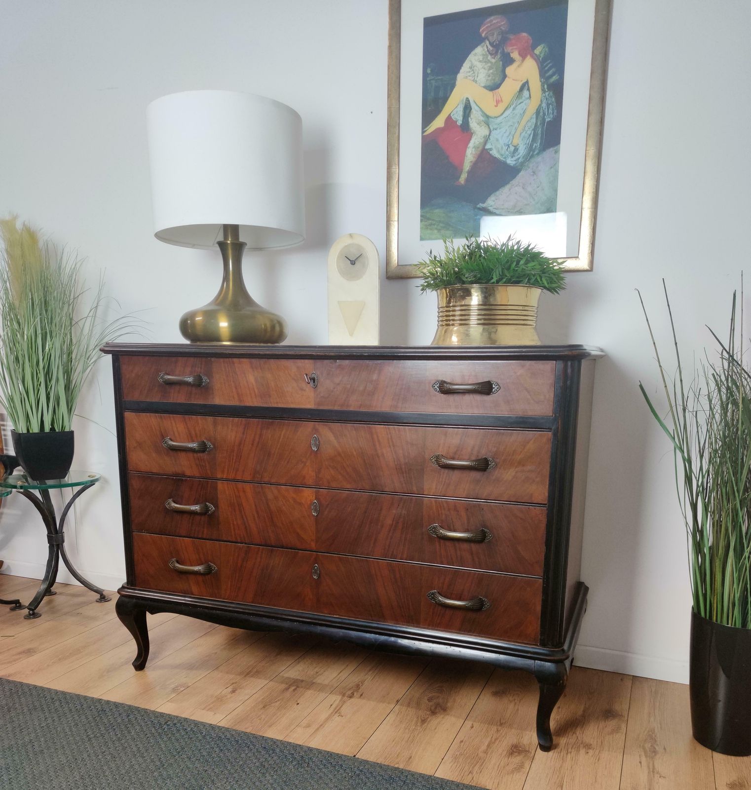 Italian Mid Century Modern Wood And Brass Commode Dresser Chest Of 4 Drawers photo furniture