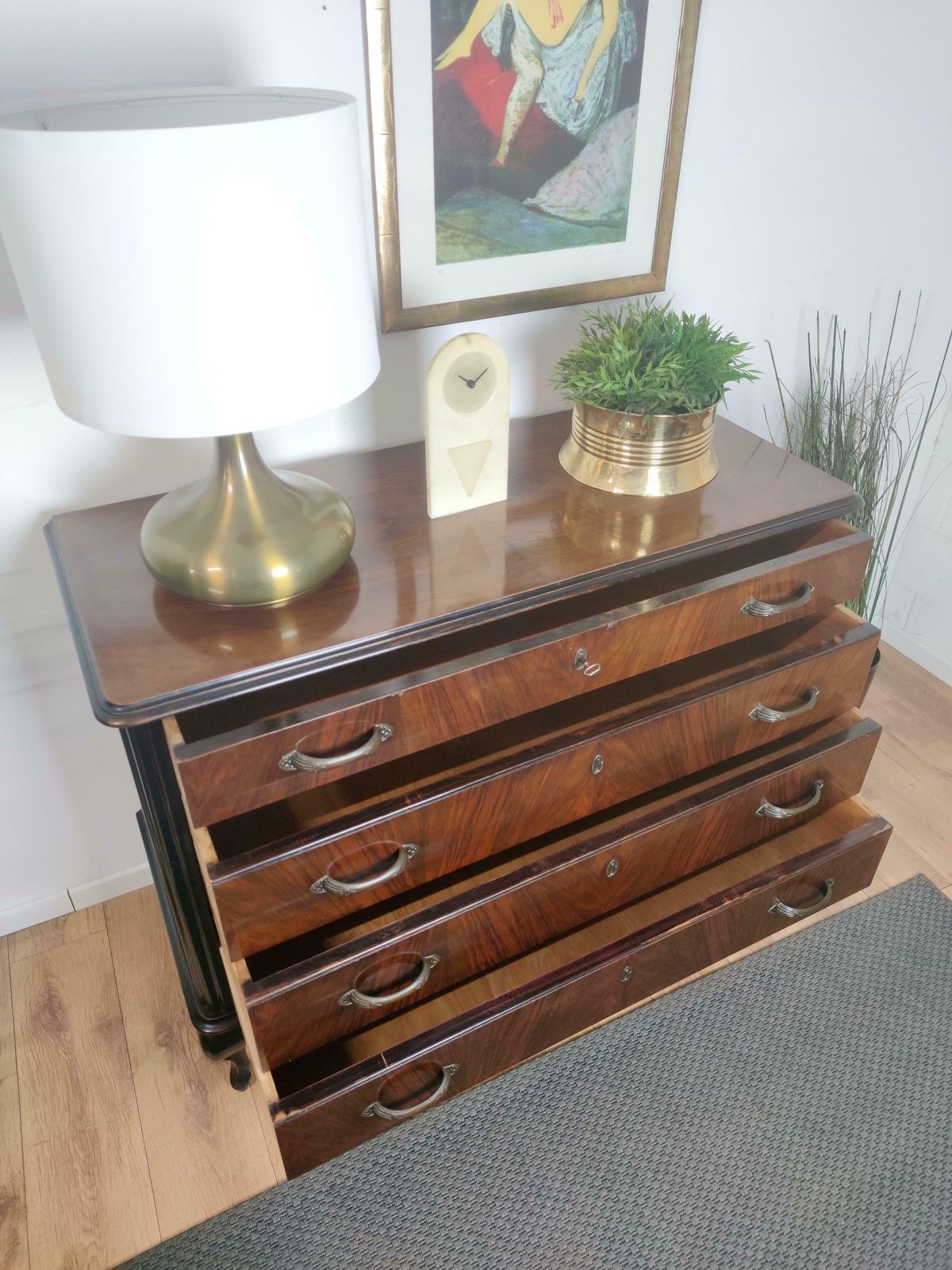 Italian Mid Century Modern Wood And Brass Commode Dresser Chest Of 4 Drawers photo vinterior