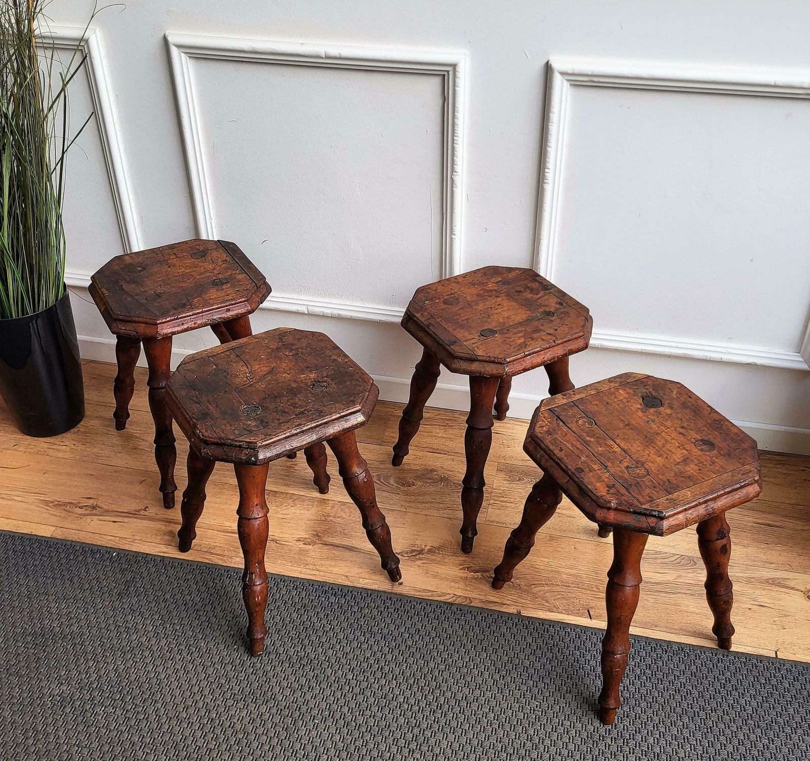 Set Of 4 Antique Italian Walnut Side Tables Or Stools With Carved Turned Legs photo for sale
