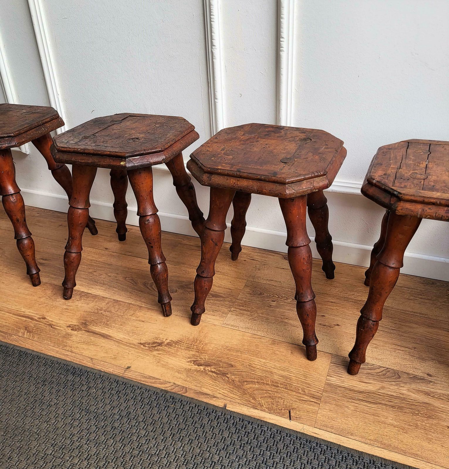 Set Of 4 Antique Italian Walnut Side Tables Or Stools With Carved Turned Legs photo 1331.0
