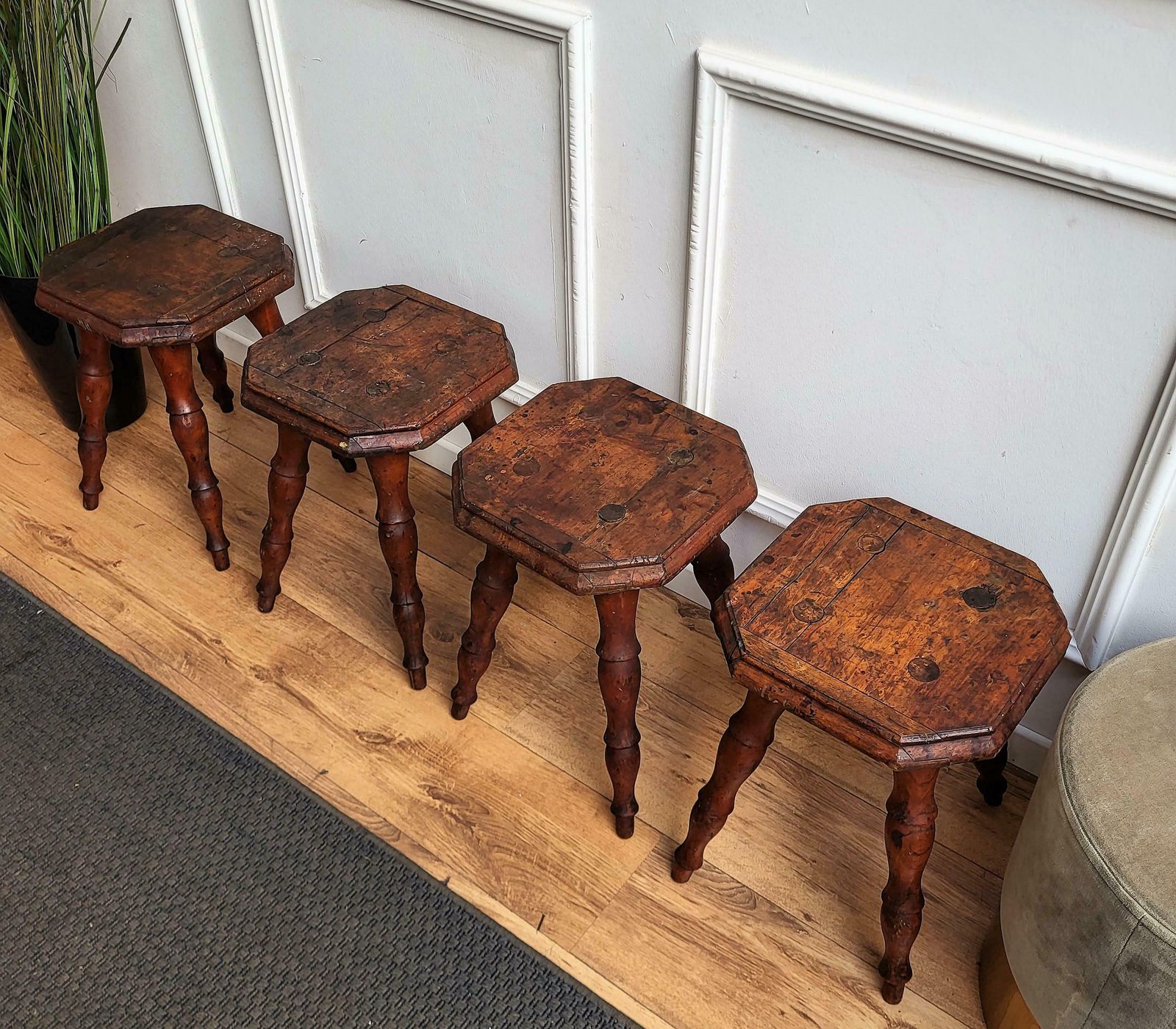Set Of 4 Antique Italian Walnut Side Tables Or Stools With Carved Turned Legs photo vinterior