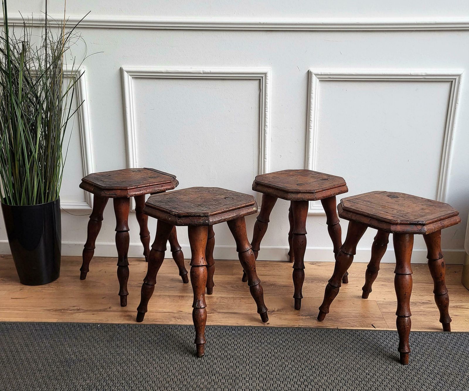 Set Of 4 Antique Italian Walnut Side Tables Or Stools With Carved Turned Legs photo buy