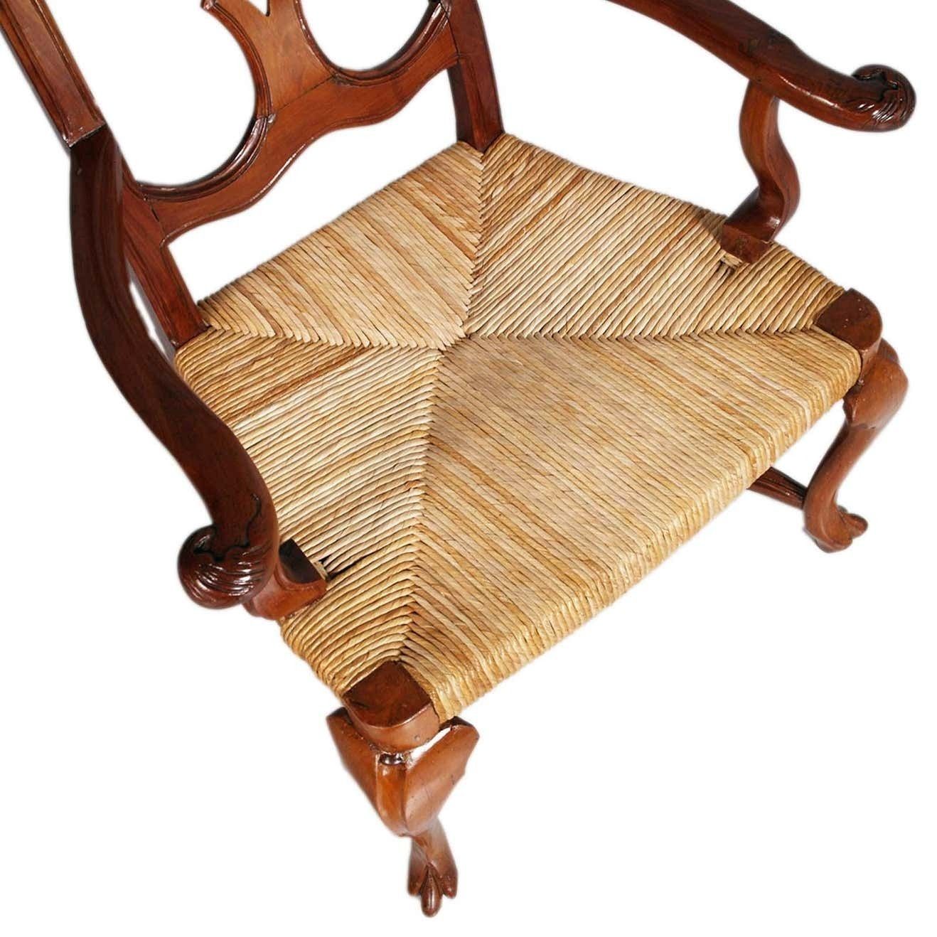 19th Century Venetian Baroque Armchairs Hand Carved Walnut, Wax Polished, Straw photo 5279.92