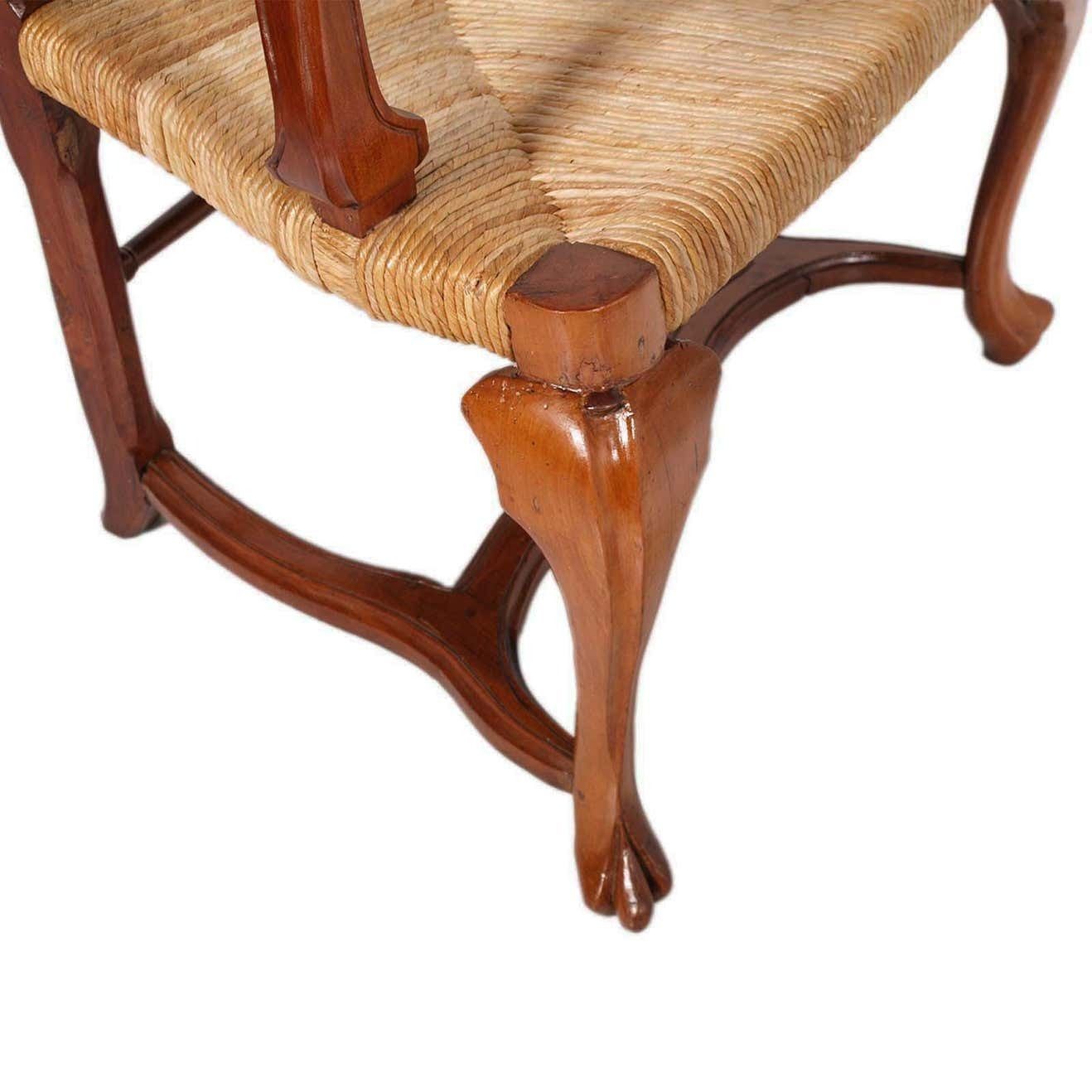 19th Century Venetian Baroque Armchairs Hand Carved Walnut, Wax Polished, Straw photo vintage