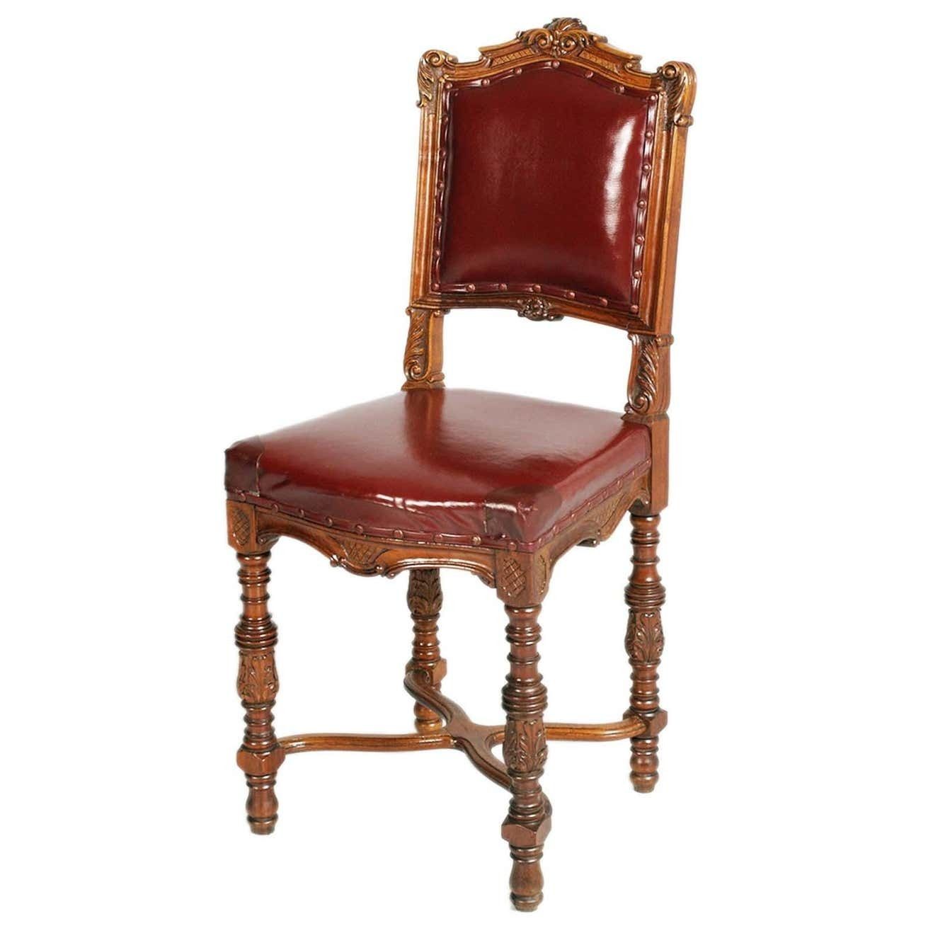 1880s Italian Chairs Neoclassic Eclectic Hand Carved Walnut Leather Upholstered photo for sale