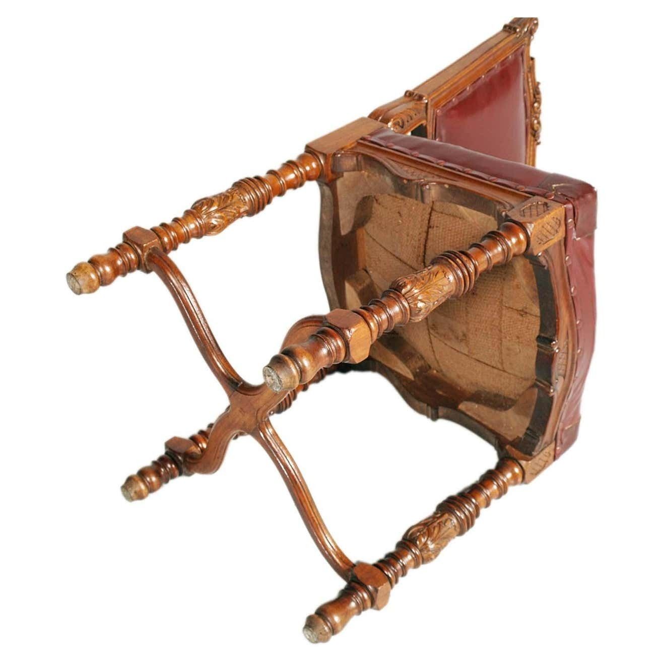 13201.04 1880s Italian Chairs Neoclassic Eclectic Hand Carved Walnut Leather Upholstered photo
