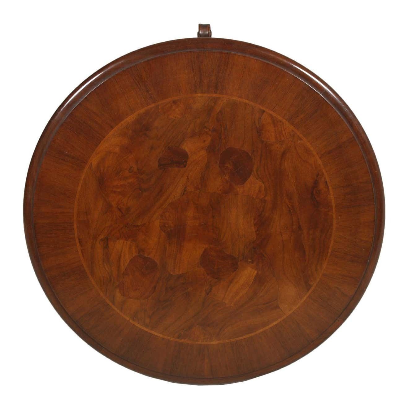 Italian 1920s Baroque Round Coffee Table Burl Walnut, Carved Walnut Wax Polished photo for sale