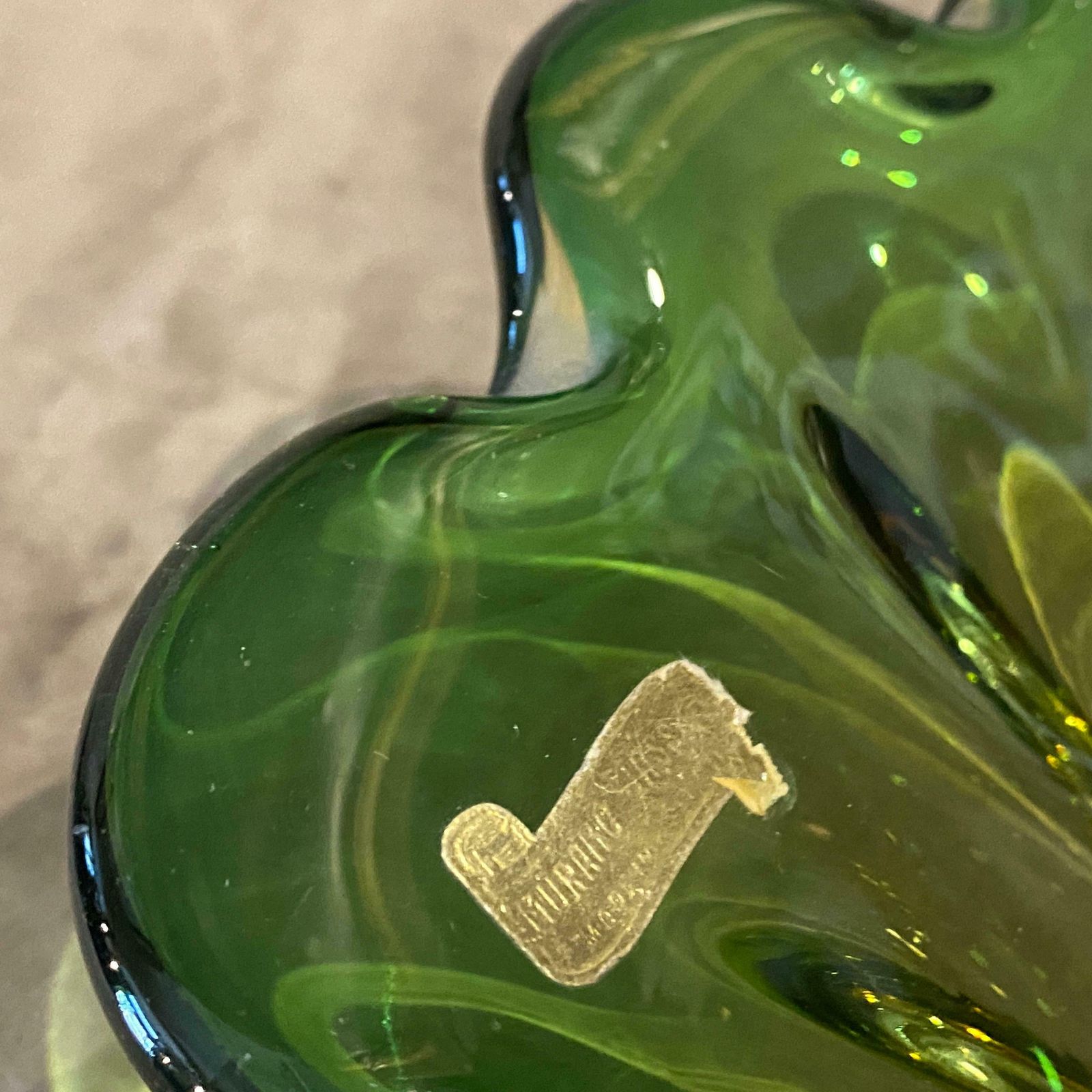 1970s Mid Century Modern Green And Yellow Murano Glass Sea Shell Bowl By Seguso photo vinterior