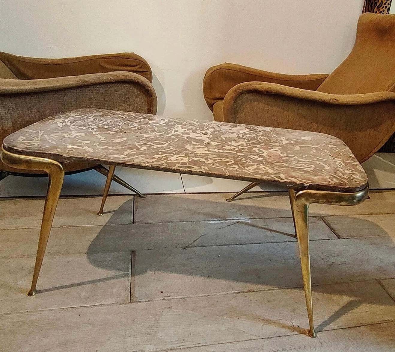 Architet Cesare Lacca  1950 Coffe Table  Cast Brass Structure And Marble Top photo furniture