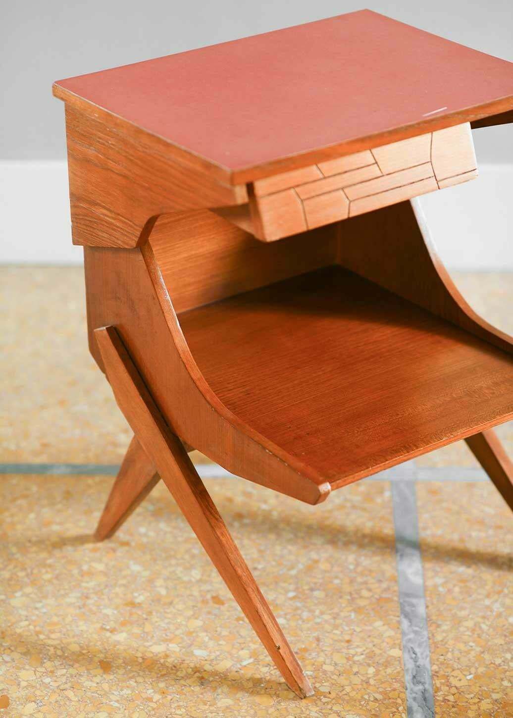 Pair Of Wooden Bedside Tables With Coloured Formica Top 1950 (Set Of 2) photo vinterior