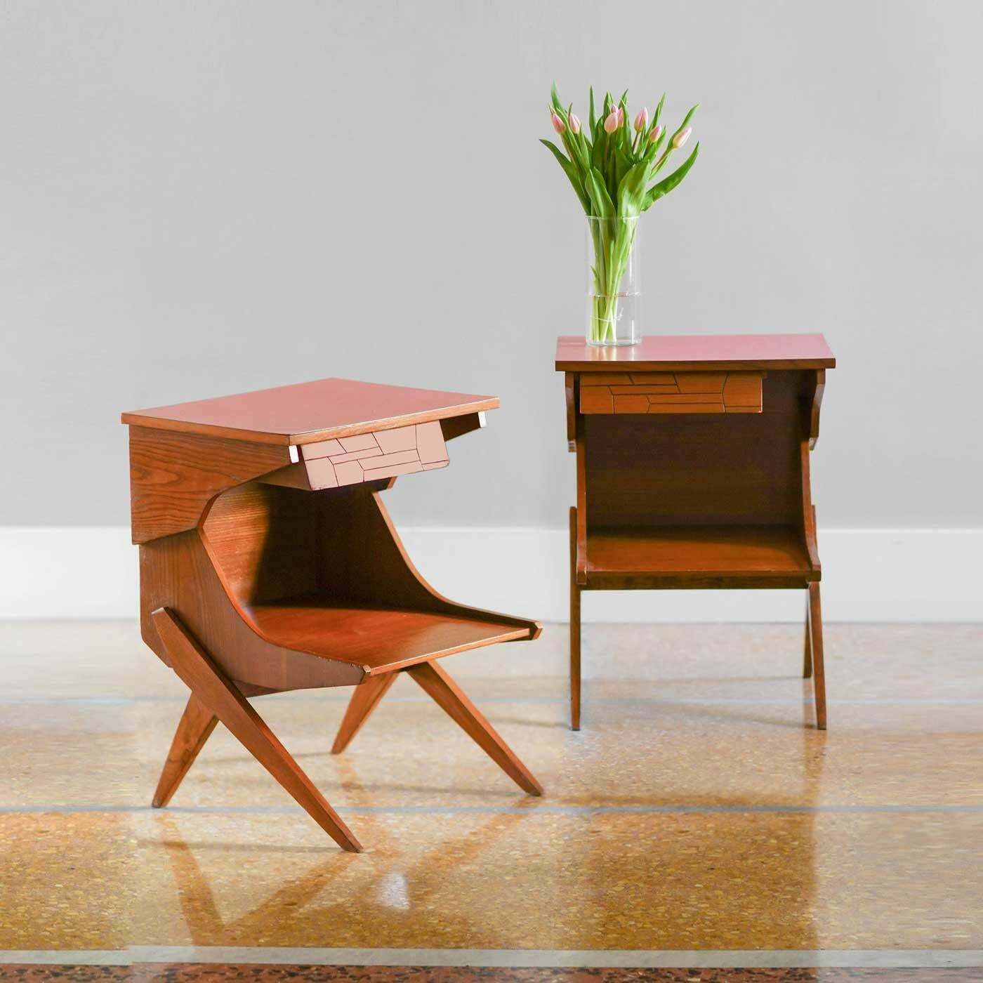 Pair Of Wooden Bedside Tables With Coloured Formica Top 1950 (Set Of 2) photo vintage