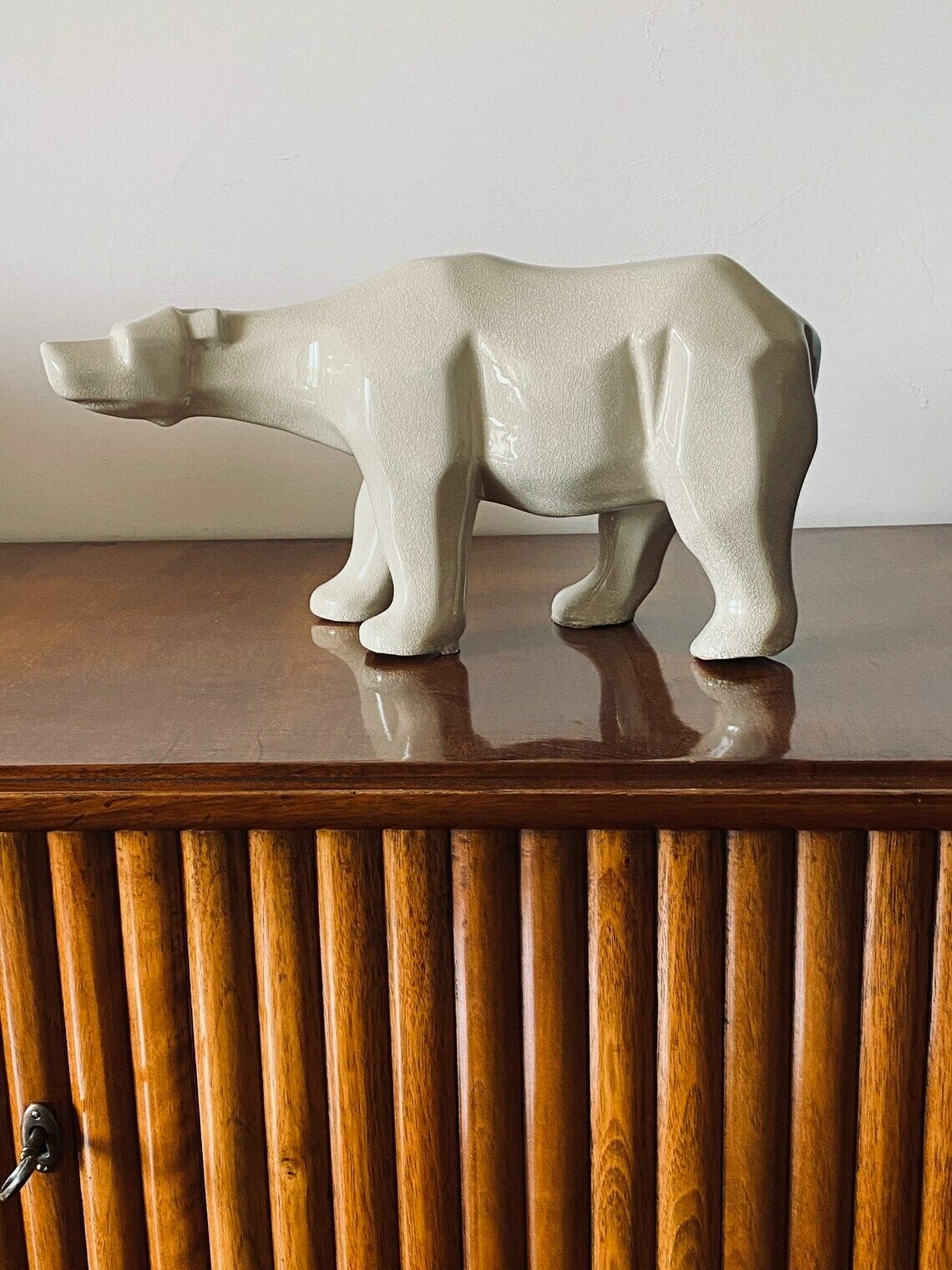 Art Déco Style Cubist Craquelé Polar Bear , L&V Ceram, France Ca. 1970