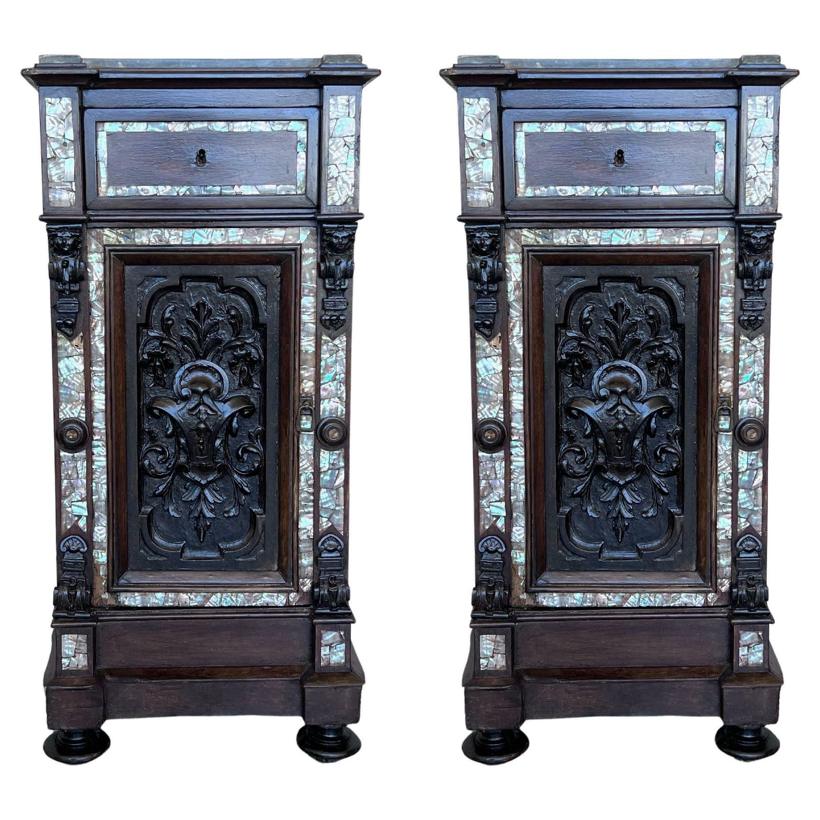 18th Pair Of Spanish Walnut Nightstands With Marble Top And Inlays