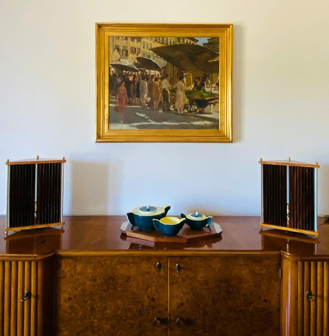 photo furniture Leonardo Mosso, 2 Palisander And Brass Table Lamps, Italy 1970s