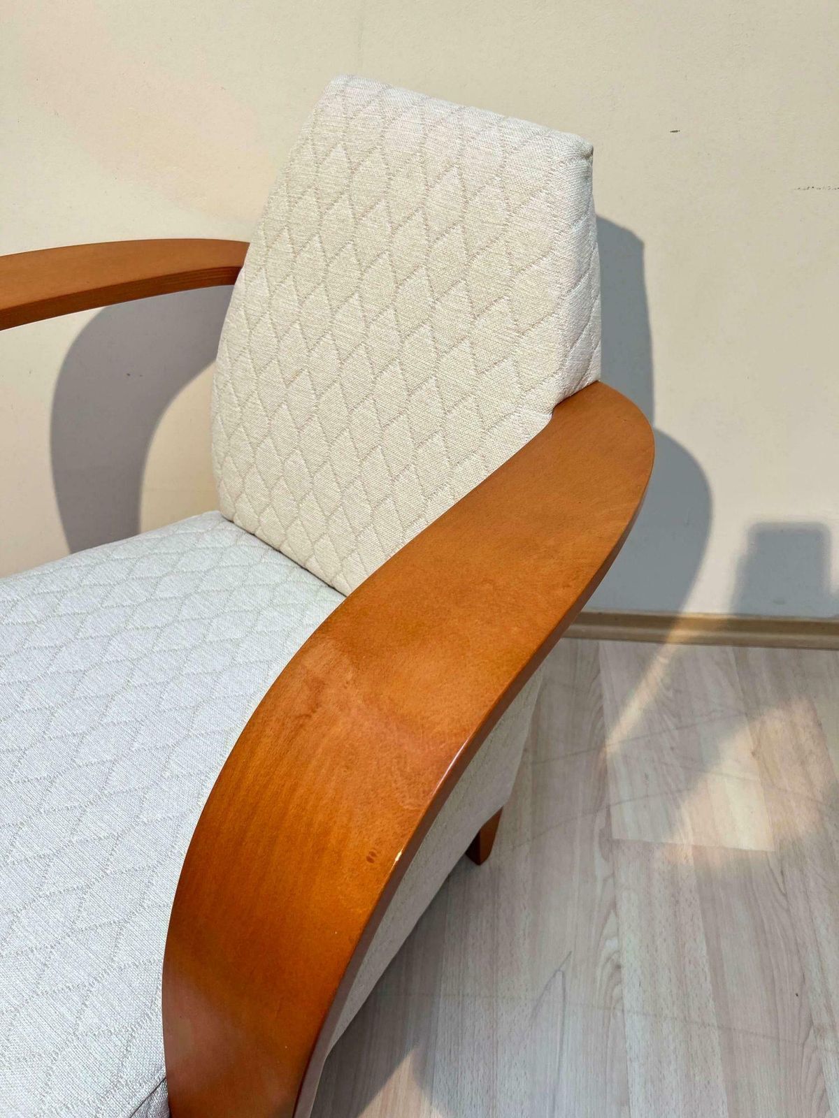 Furniture Spanish Design Club Chair, Beech, Plywood, Cream Quilt Fabric, 1990s photo