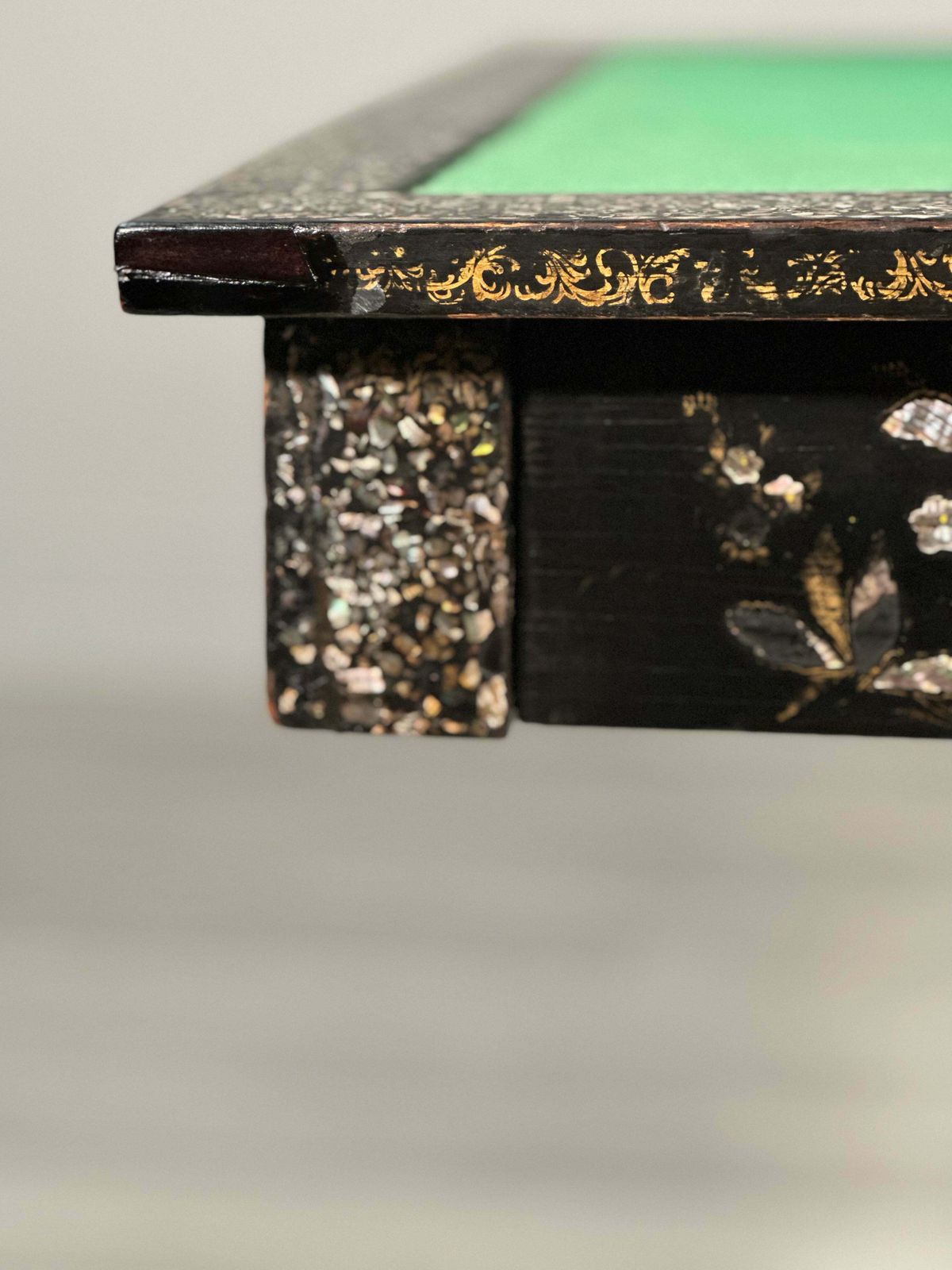 650.0 Antique Ebonised Papier Mache Mother Of Pearl Games Table photo