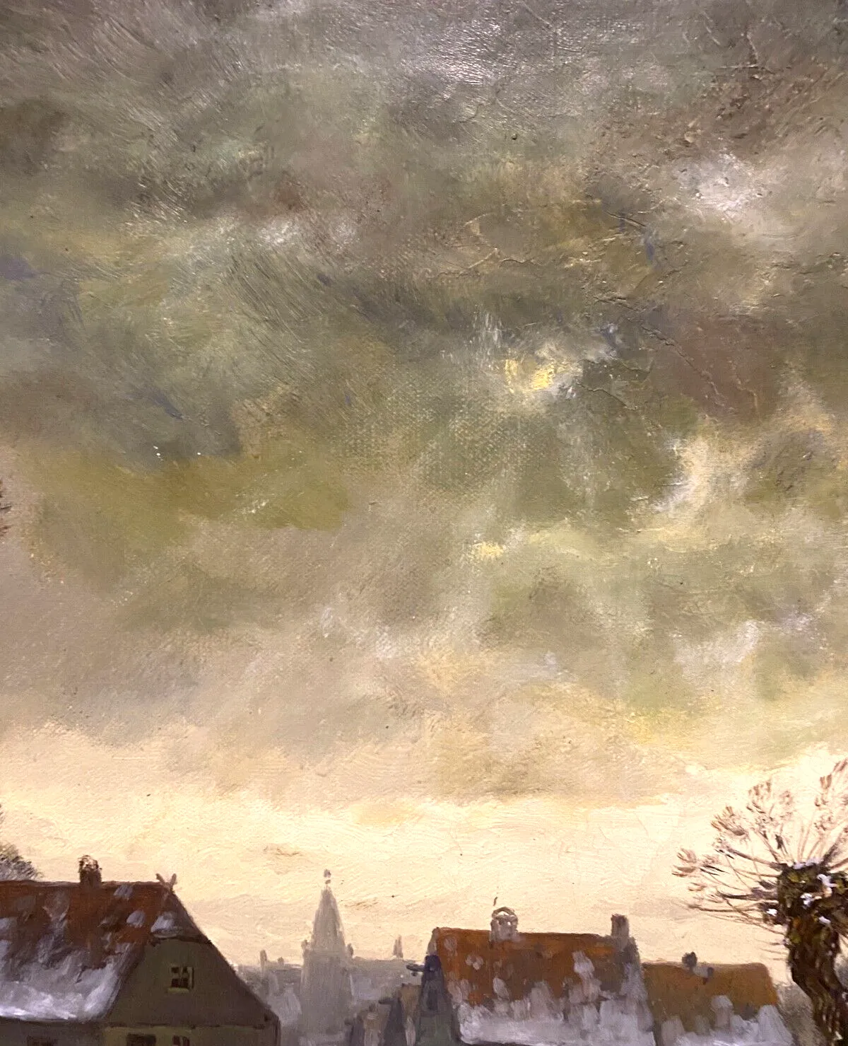Oil On Canvas "Snowy Village Animated By Characters" XX Century photo for sale