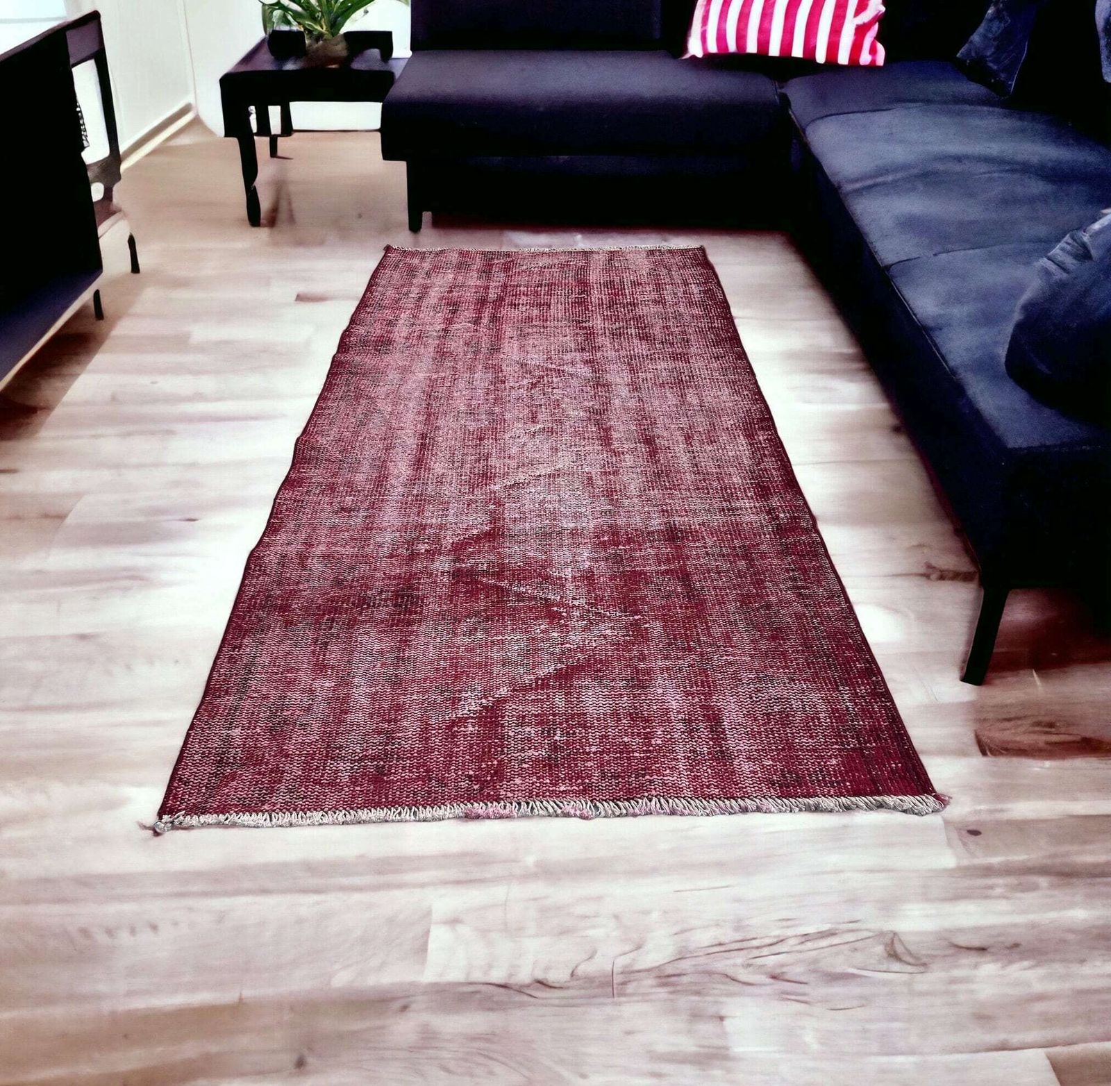 Distressed Turkish Wool Vintage Rug, Over Dyed Red, 180 X 87 Cm photo Textiles