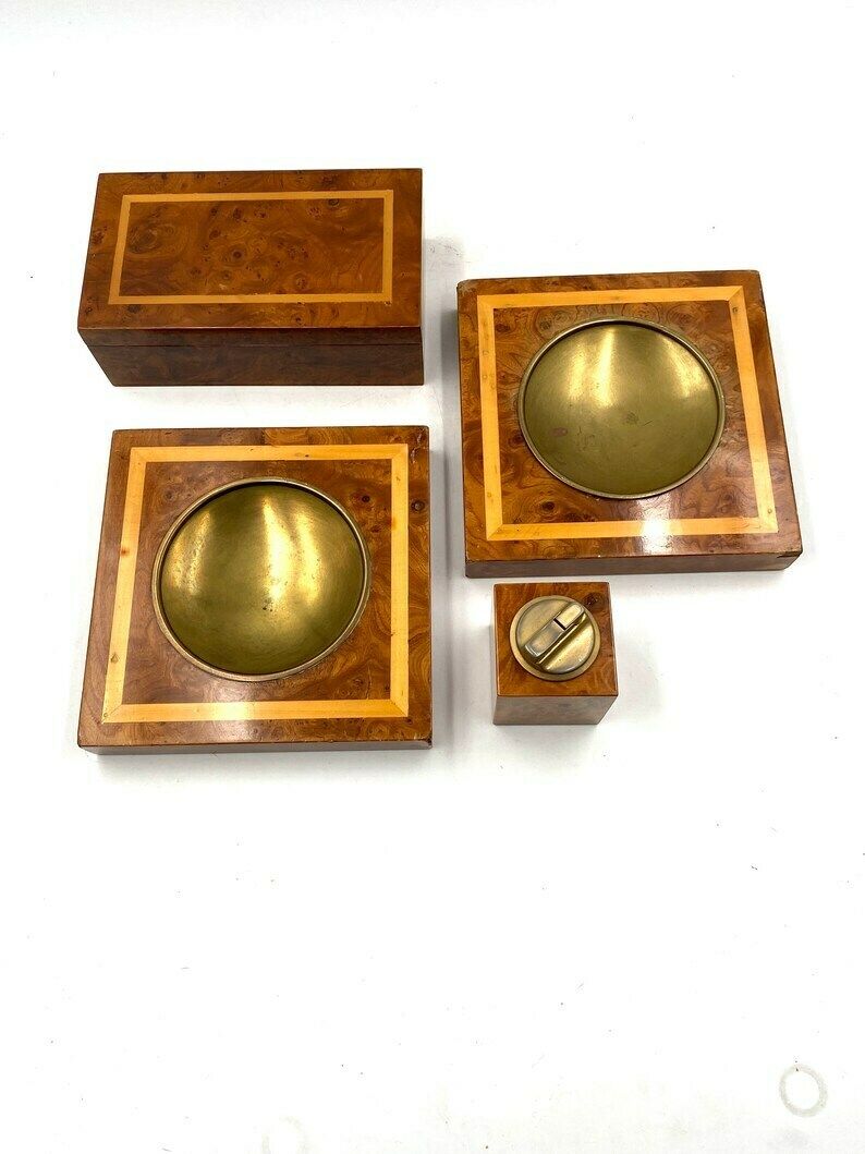 Smoking Set, Brass And Wood Ashtrays, Lighter And Cigars Box, Italy 1970 photo Home Decor
