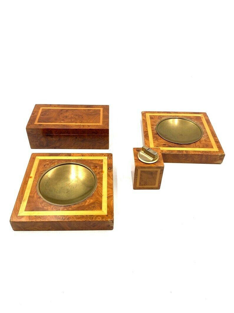 Smoking Set, Brass And Wood Ashtrays, Lighter And Cigars Box, Italy 1970 photo vintage