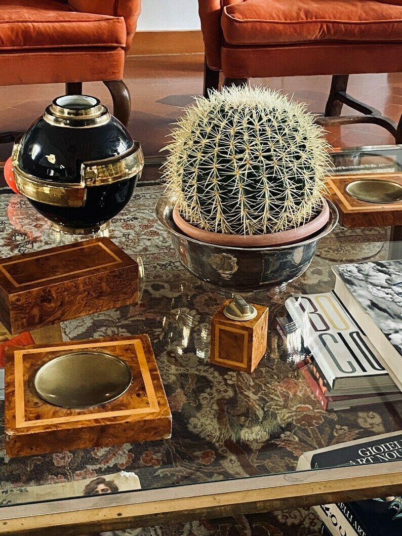 photo furniture Smoking Set, Brass And Wood Ashtrays, Lighter And Cigars Box, Italy 1970