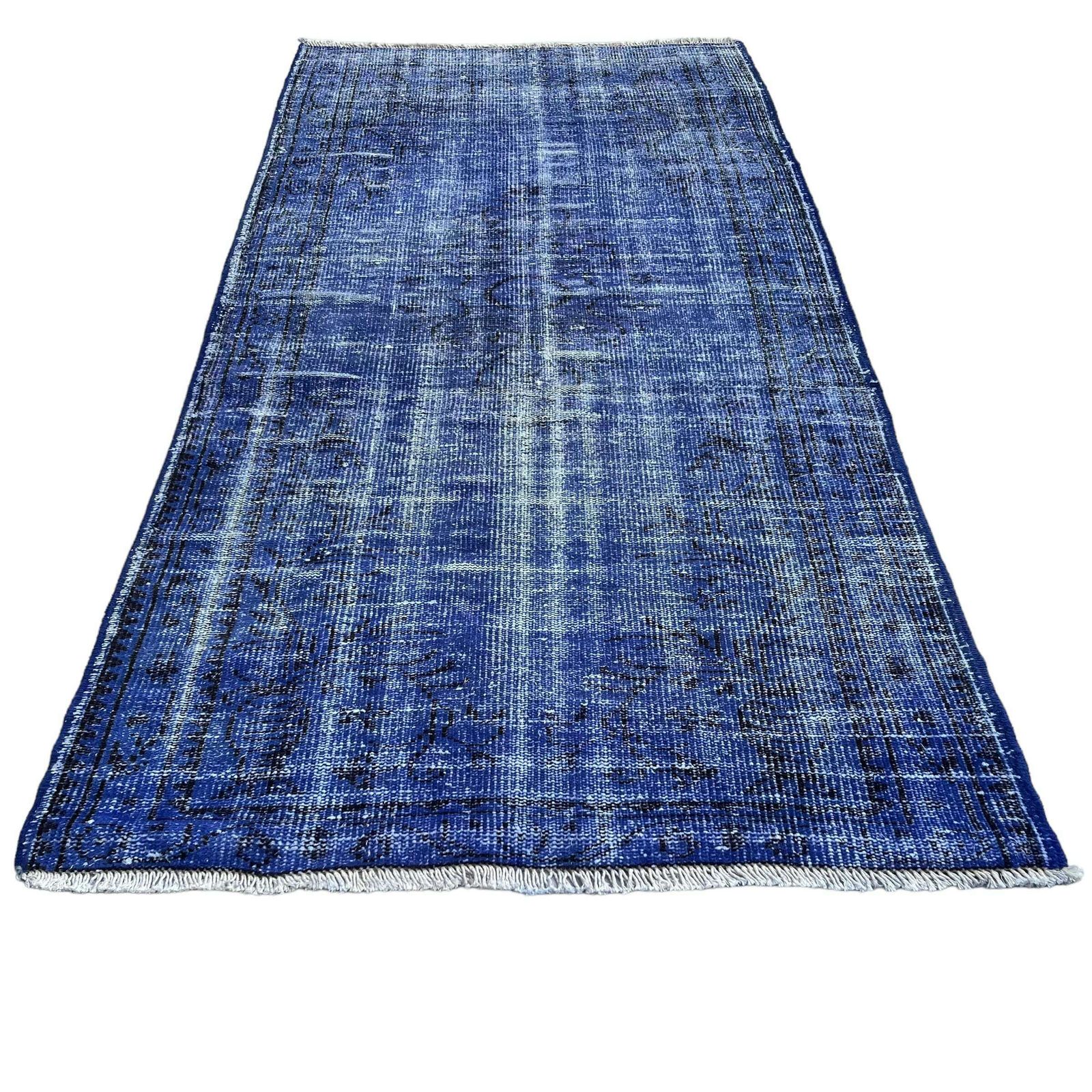 Distressed Turkish Rug Wool Vintage Rug, Over Dyed Blue photo for sale