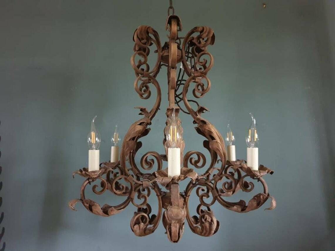 A Stunning French Painted Iron, Six Branch Chandelier. 1930s