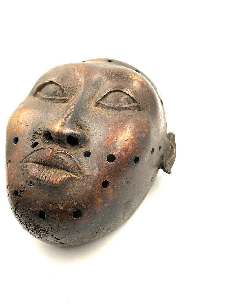 African Trophy Head Of A Foreign Ruler, Bronze, Benin Kingdom, Early XX Century photo for sale