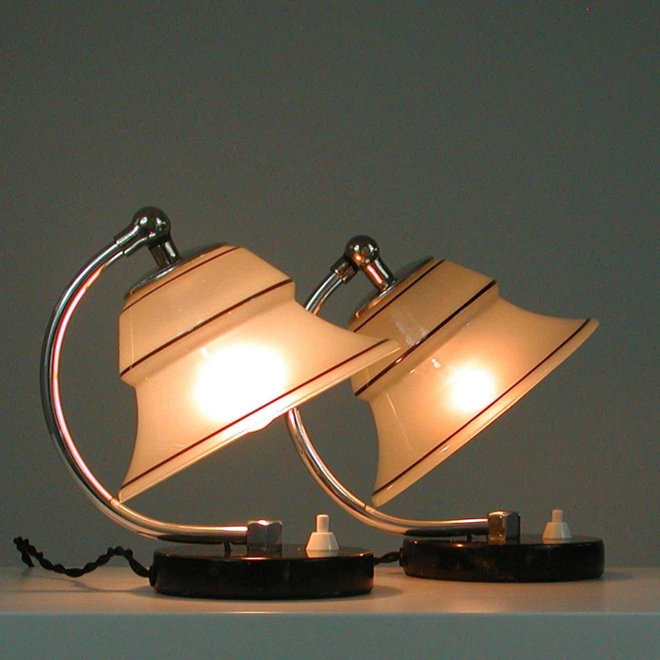 German Art Deco Enameled Satin Glass, Marble And Aluminum Table Lamps, 1930s photo for sale