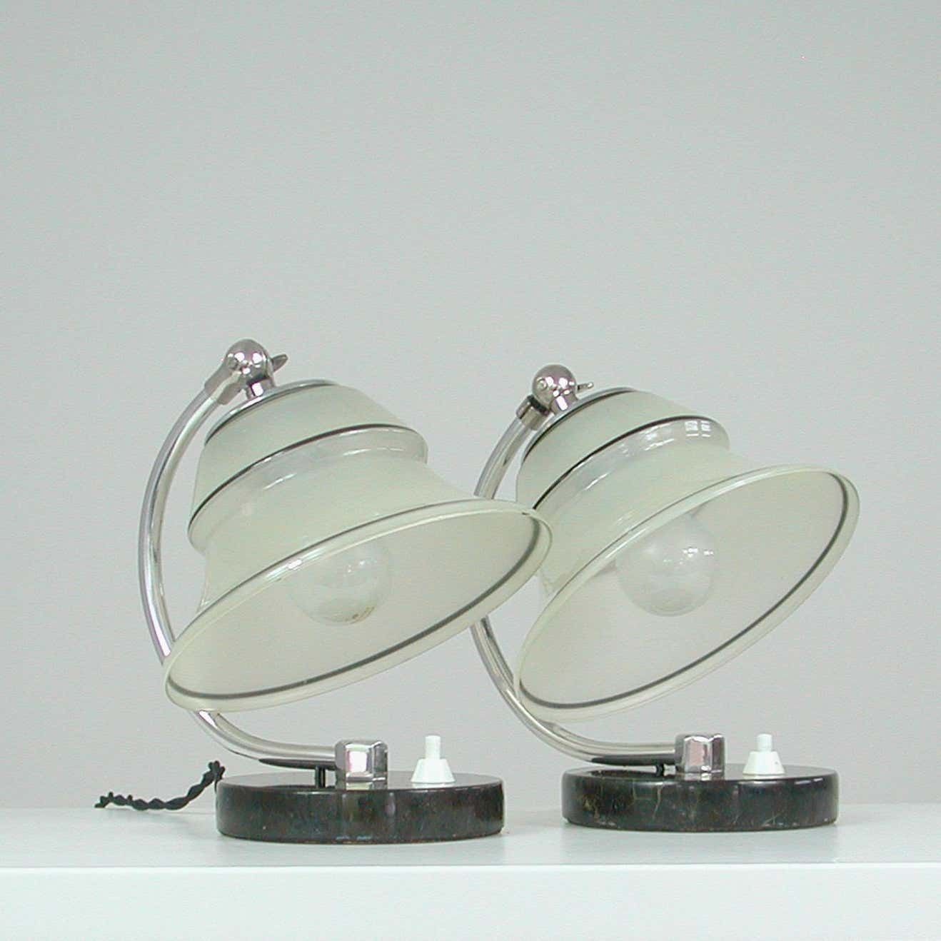 German Art Deco Enameled Satin Glass, Marble And Aluminum Table Lamps, 1930s photo vinterior