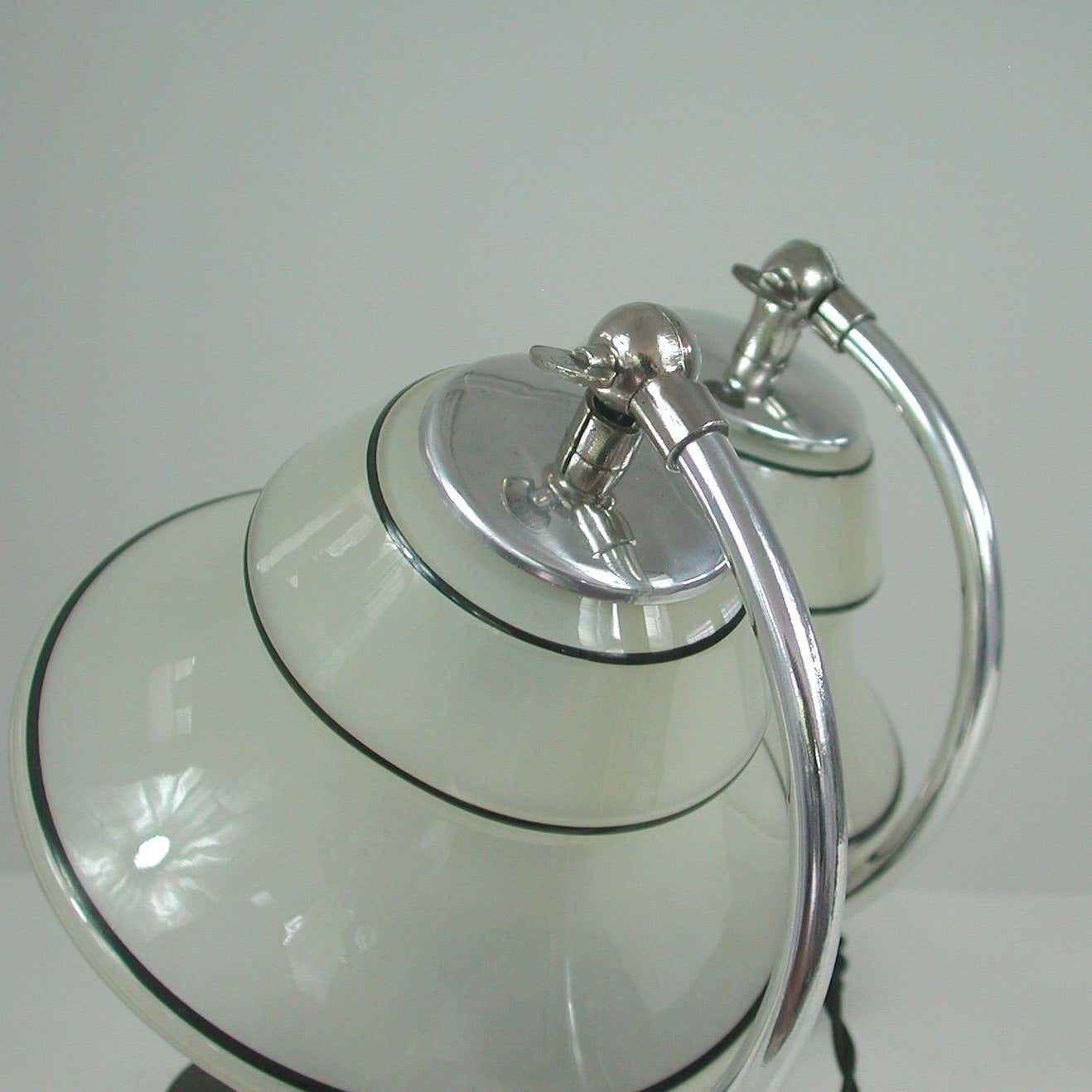 Lighting German Art Deco Enameled Satin Glass, Marble And Aluminum Table Lamps, 1930s photo