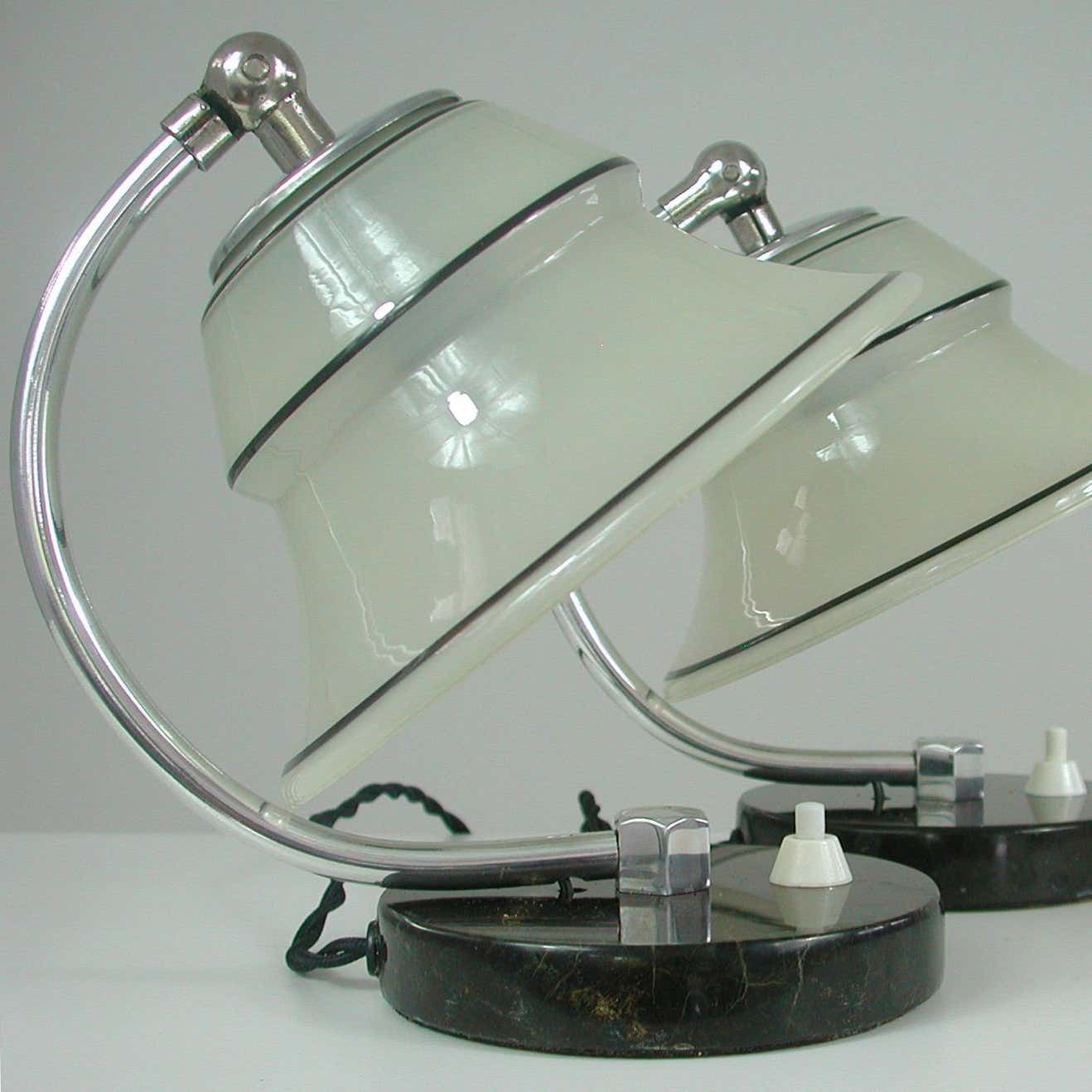 photo vinterior German Art Deco Enameled Satin Glass, Marble And Aluminum Table Lamps, 1930s