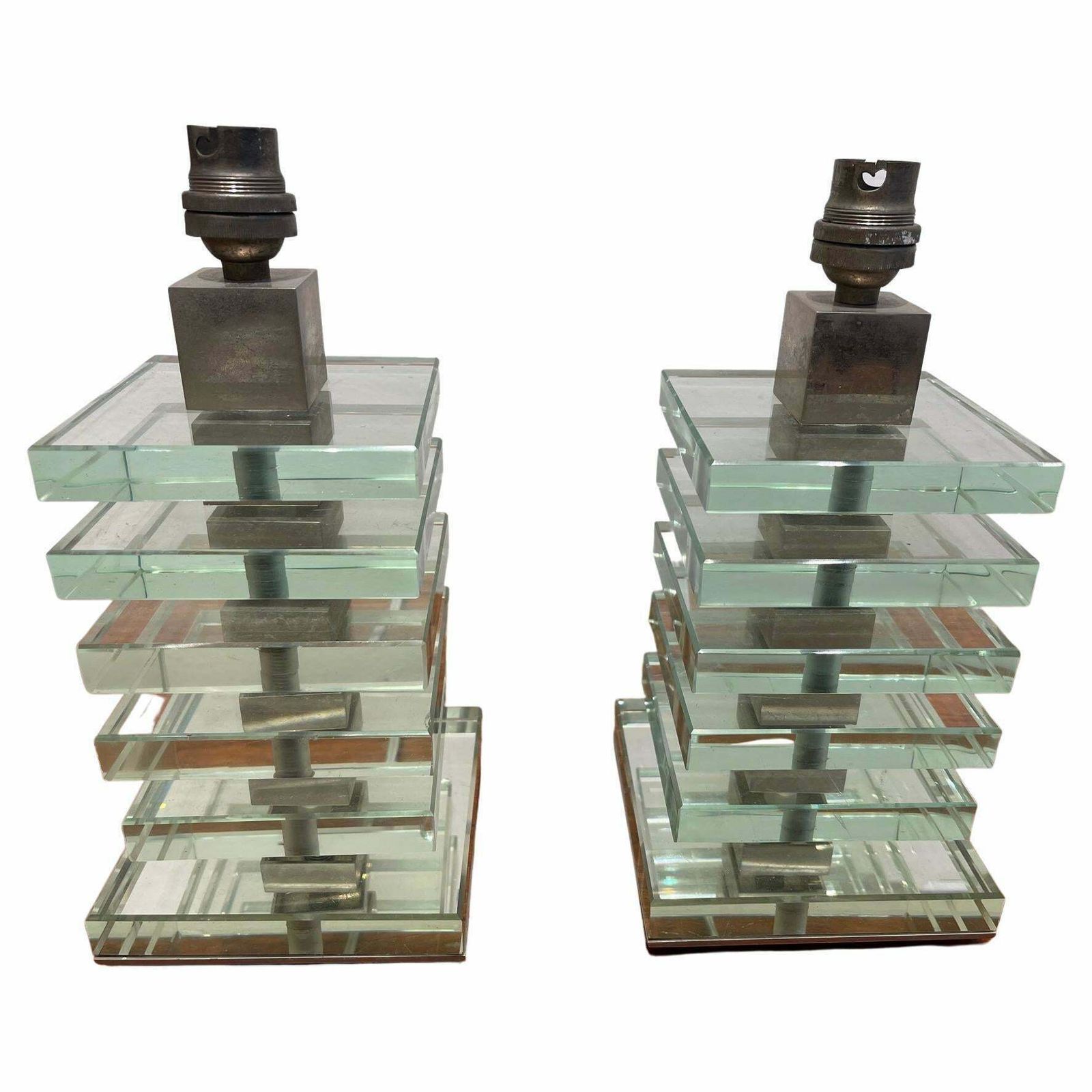 Pair Of Modernist Glass And Nickel Table Lamps By Desny, Art Deco, France