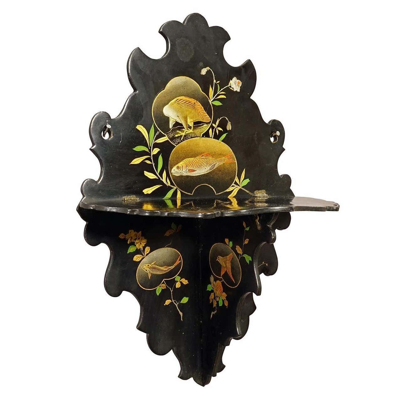 Antique Victorian Papier Mâché Wall Shelve With Japonizing Decoration photo furniture