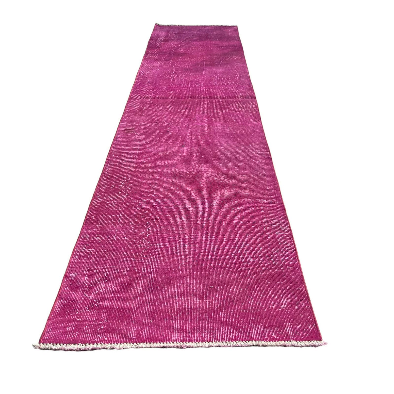 Distressed Turkish Narrow Runner  Wool Vintage Rug, Over Dyed Pink