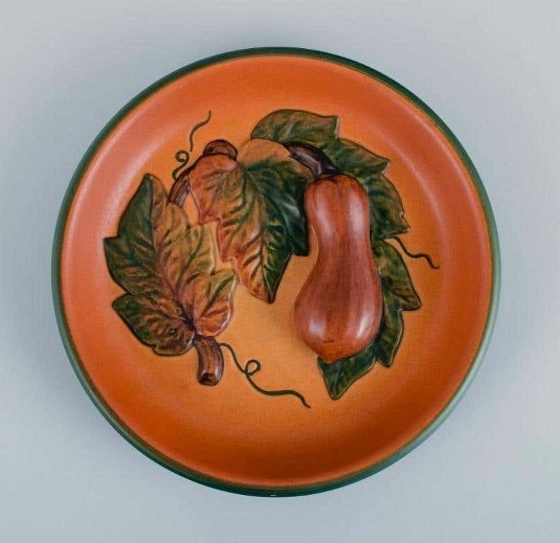 Ipsen's Denmark Bowl With Leaves And Pumpkins Glaze In Shades Of Orange Green photo for sale