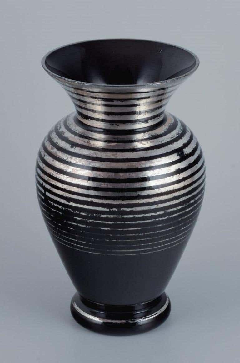 Germany  Art Deco Glass Vase With Silver Horizontal Inlays photo for sale