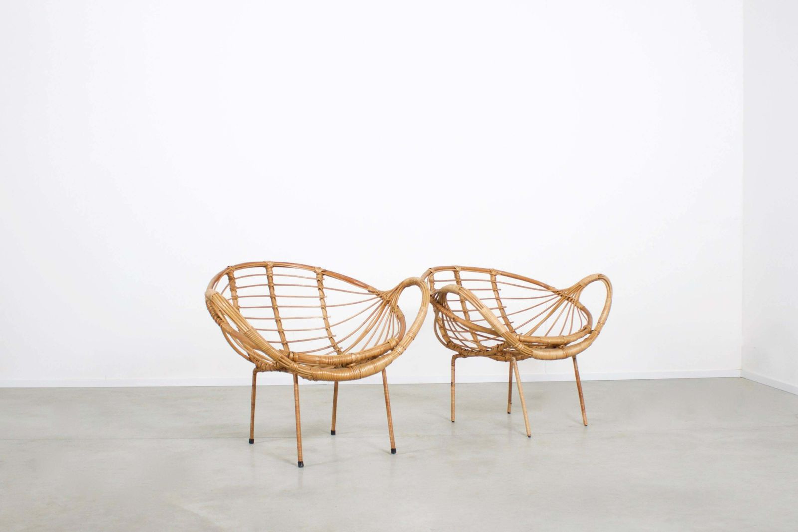 Midcentury Modern Rattan And Metal Armchairs, 1960s photo for sale