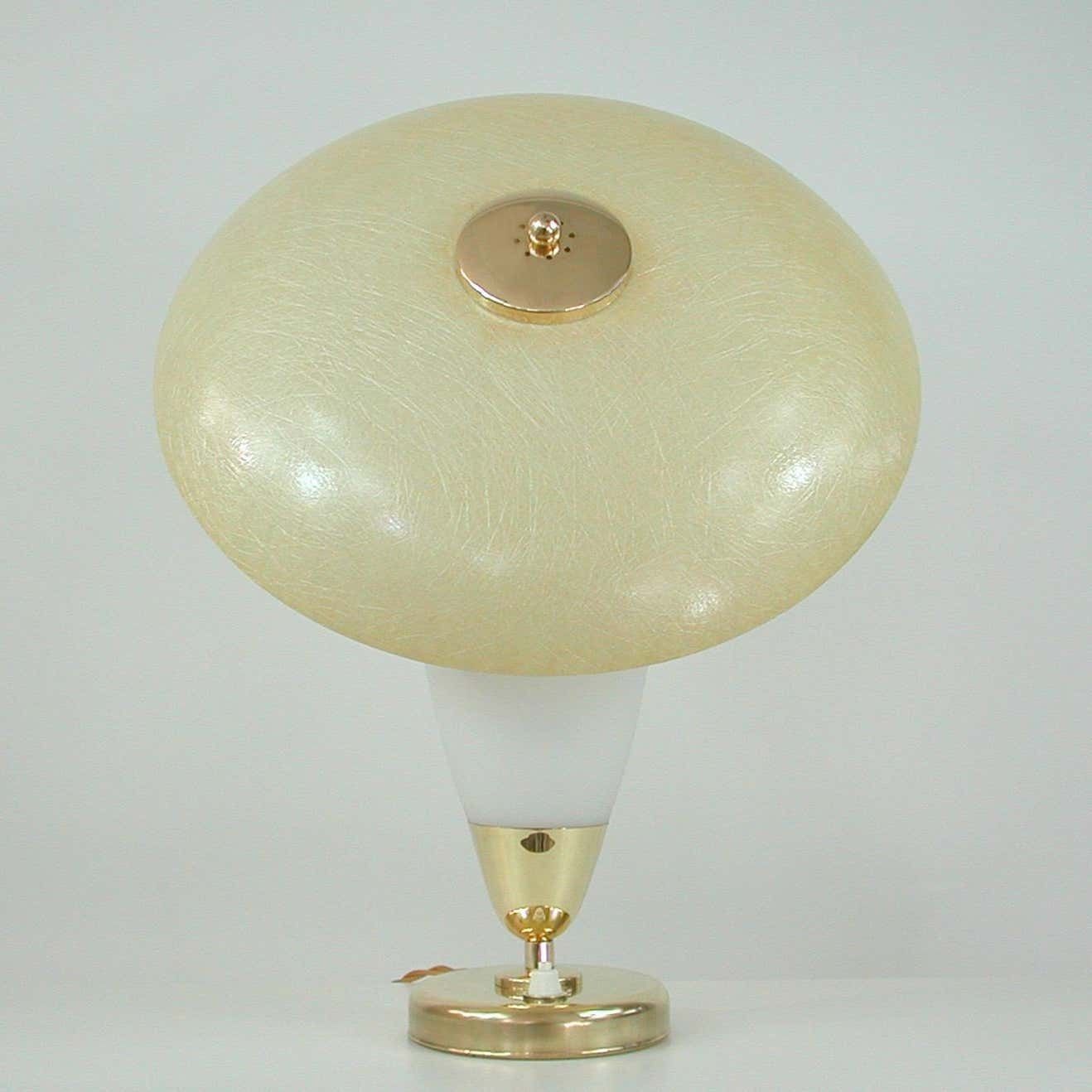 Midcentury Swedish Modern Brass, Opaline And Fiberglass Saucer Table Lamp, 1950s photo furniture