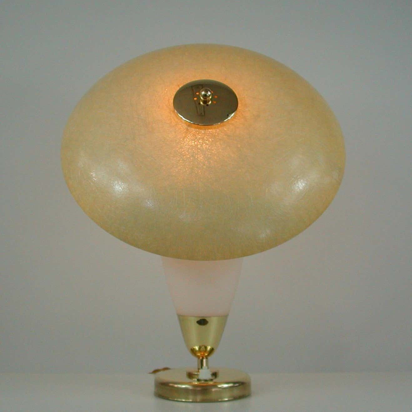 Midcentury Swedish Modern Brass, Opaline And Fiberglass Saucer Table Lamp, 1950s photo for sale
