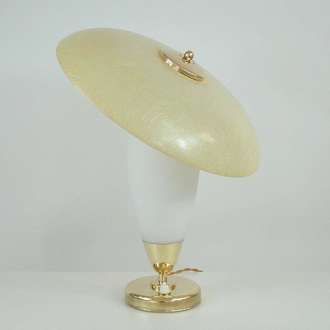 Midcentury Swedish Modern Brass, Opaline And Fiberglass Saucer Table Lamp, 1950s photo Lighting