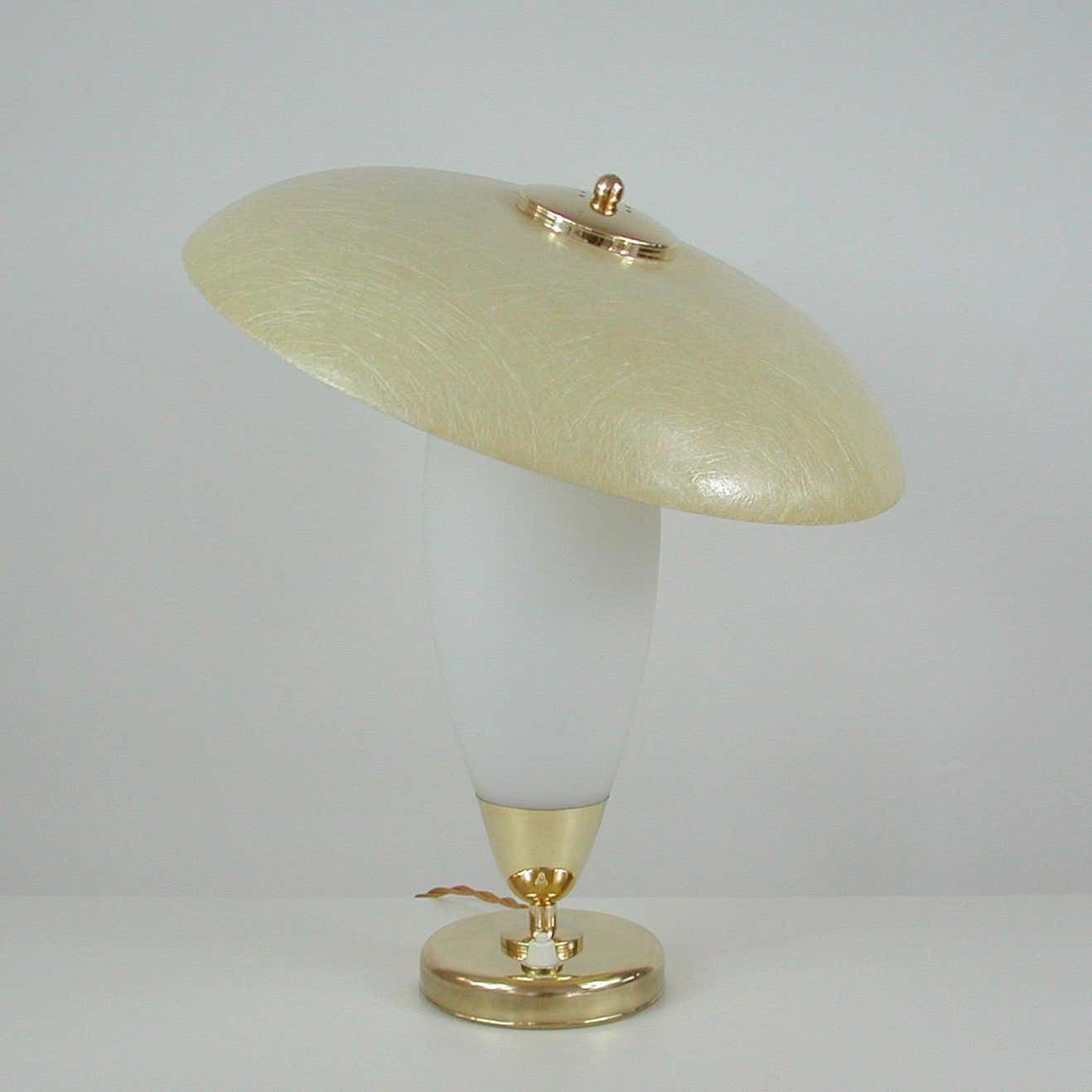 Midcentury Swedish Modern Brass, Opaline And Fiberglass Saucer Table Lamp, 1950s photo buy
