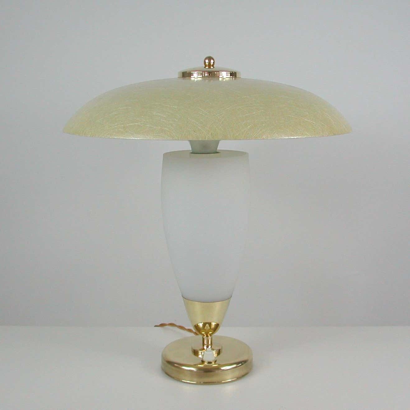 photo for sale Midcentury Swedish Modern Brass, Opaline And Fiberglass Saucer Table Lamp, 1950s
