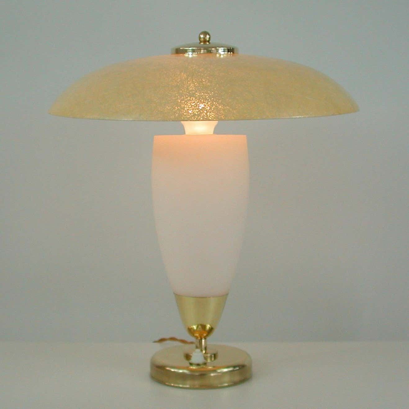 Lighting Midcentury Swedish Modern Brass, Opaline And Fiberglass Saucer Table Lamp, 1950s photo