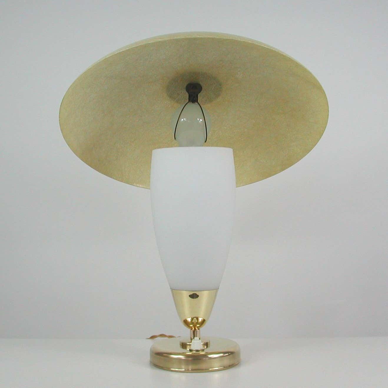1300.0 Midcentury Swedish Modern Brass, Opaline And Fiberglass Saucer Table Lamp, 1950s photo
