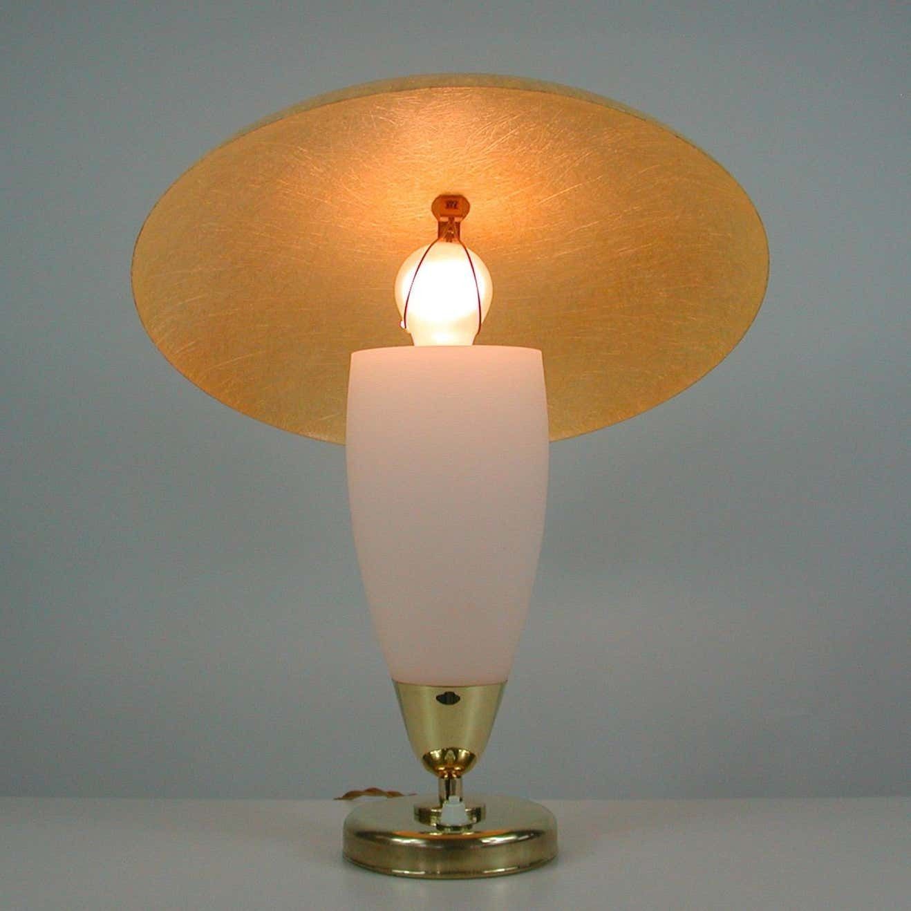 photo vinterior Midcentury Swedish Modern Brass, Opaline And Fiberglass Saucer Table Lamp, 1950s