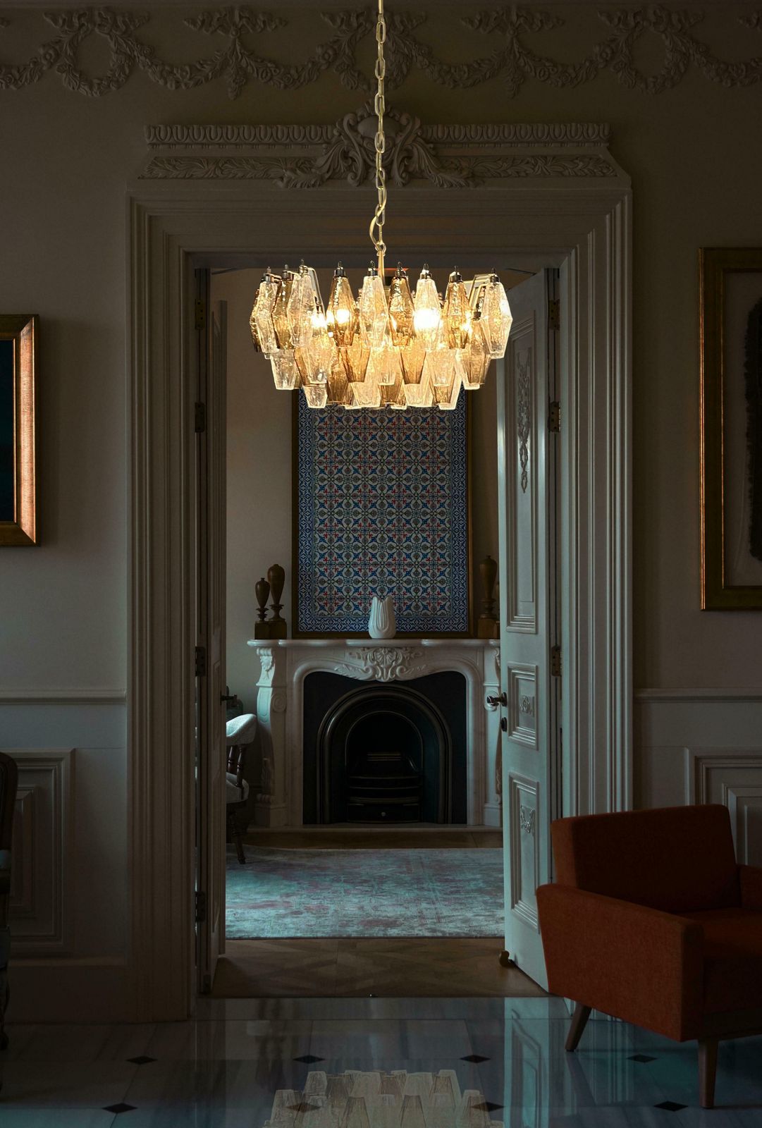 photo for sale Elegant Murano Poliedri Chandelier   Carlo Scarpa   Clear And Smoked Glasses